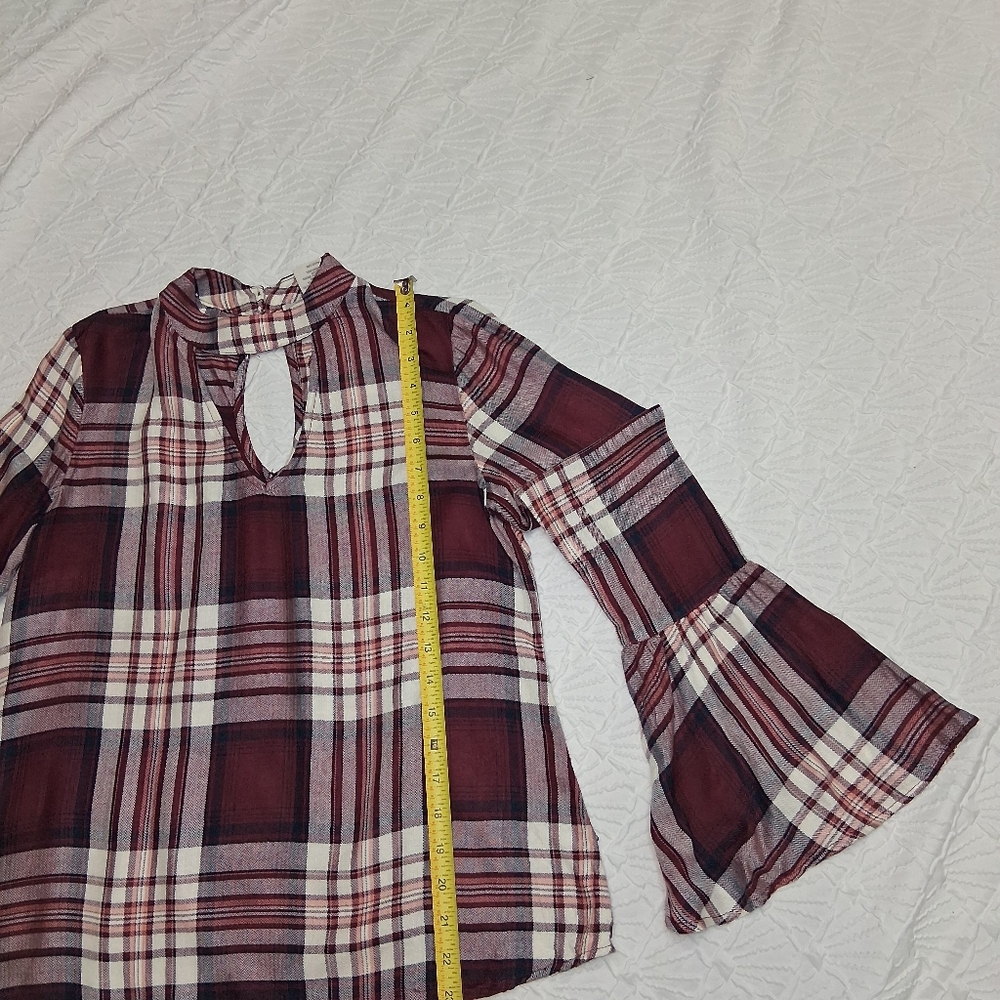 American Rag Cie Plainbell Vtg Burgundy Plaid Choker Blouse.Vtg Boho retro.Casua - Picture 4 of 16